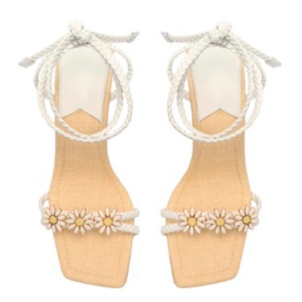 Schutz Hina Mid Daisy Raffia Block Heel Sandals White Braided Ankle Tie 10B NEW - Picture 2 of 6